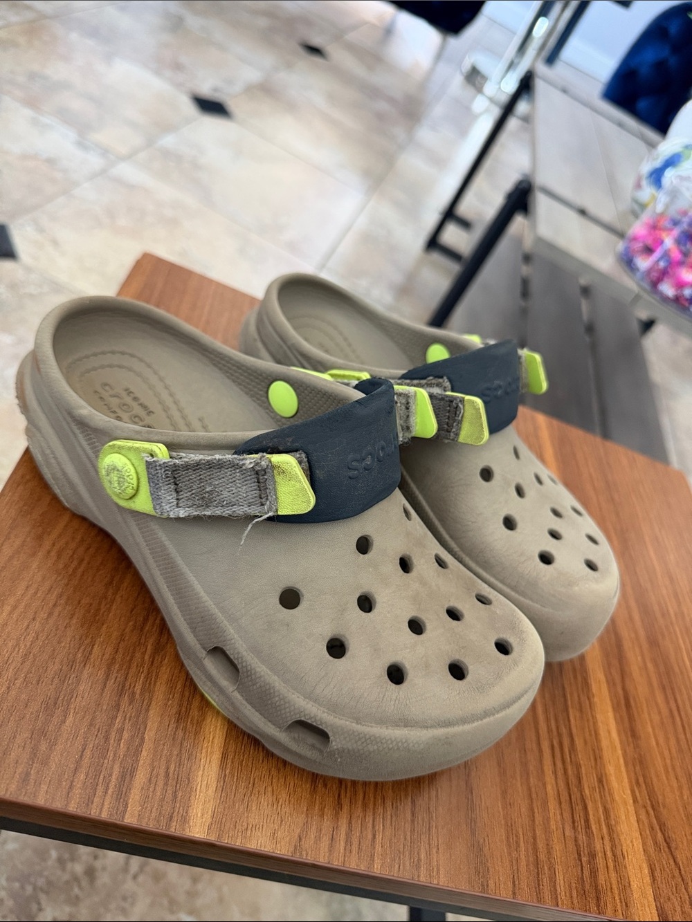 CROCS Kids Taupe Clog with Neon Yellow & Navy Strap Accents